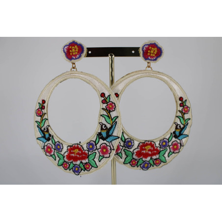 Pendientes Aro Bordado Flores Flamenca