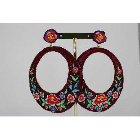Pendientes Aro Bordado Flores Flamenca